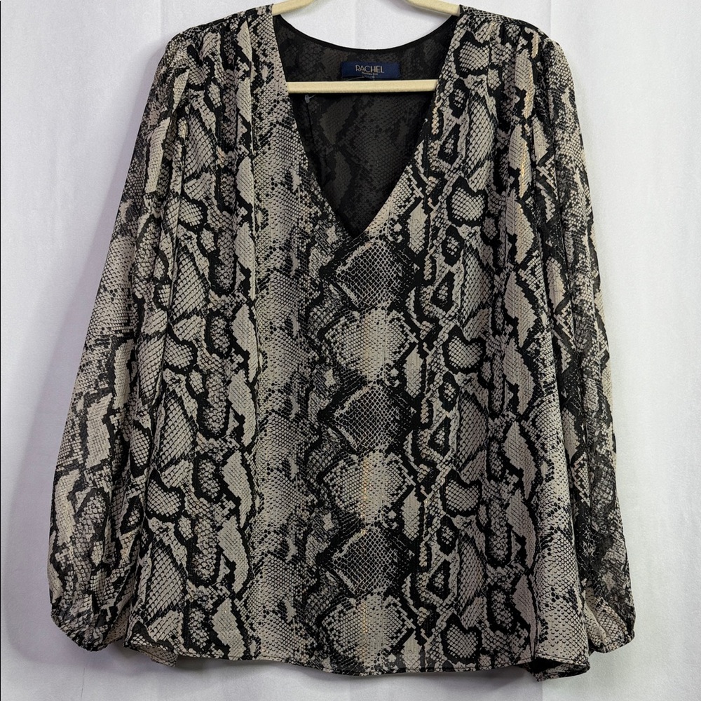 Rachel Roy Snake Print Sparkly Gold Foil V-Neck Sheer Sleeve Blouse